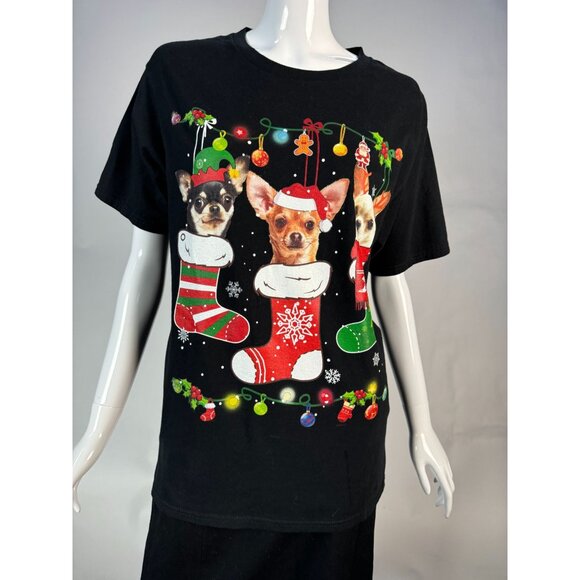Christmas Chihuahua Stocking T-Shirt Port & Company Medium 100% Cotton Black - Picture 1 of 16